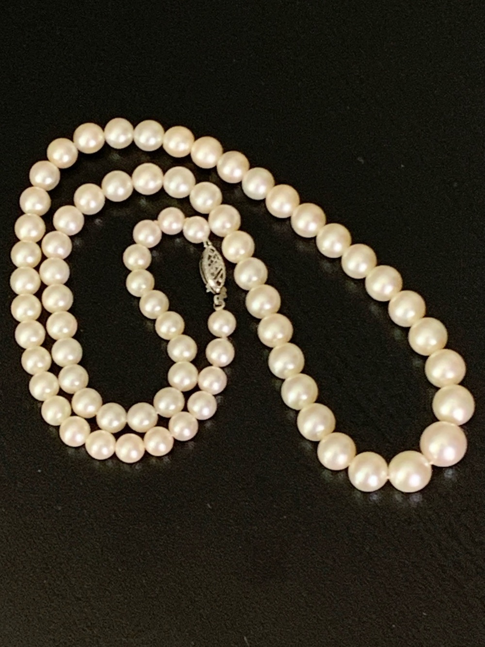 Elegant Graduated Pearl Necklace - 14K White Gold Clasp - 18.75”  / Vintage